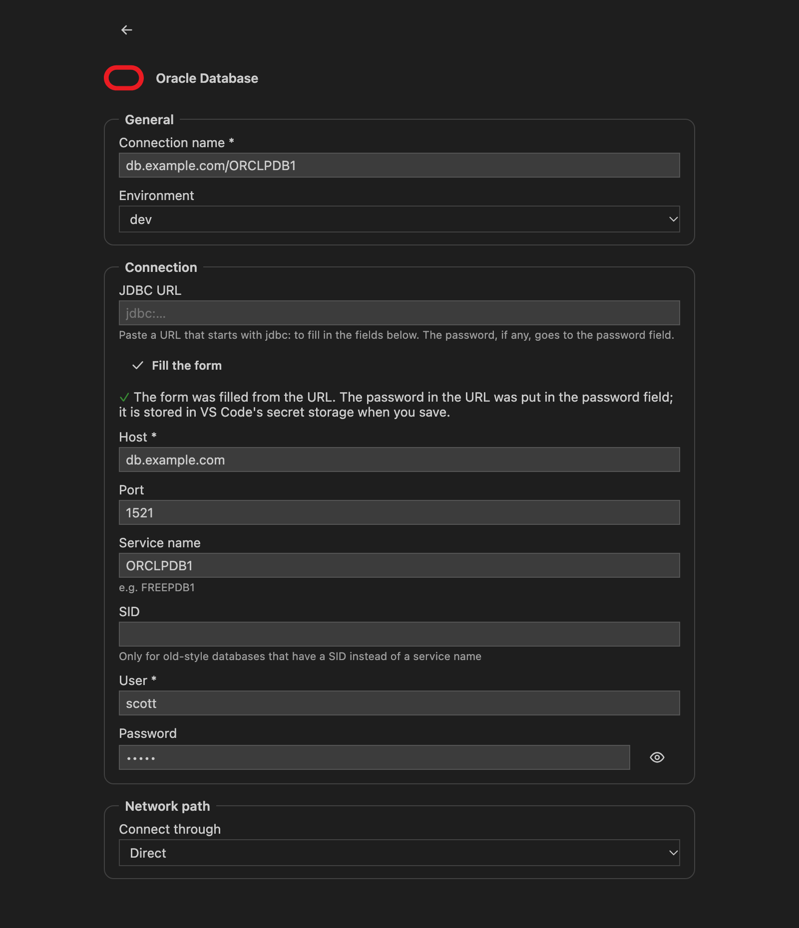 Nueva conexión: pega una URL JDBC para rellenar el formulario, con un ojo para mostrar u ocultar la contraseña